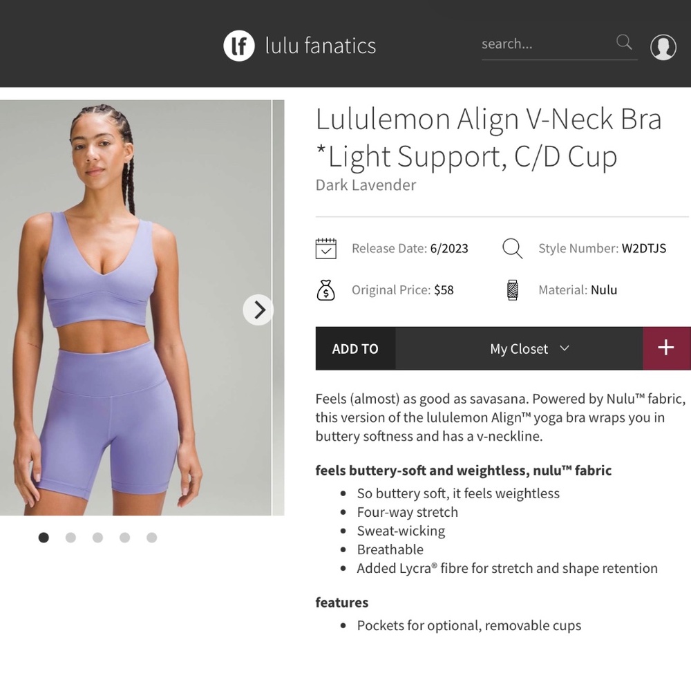 Lululemon Align V-Neck Bra *Light Support, C/D Cup - Dark Lavender; Size 8